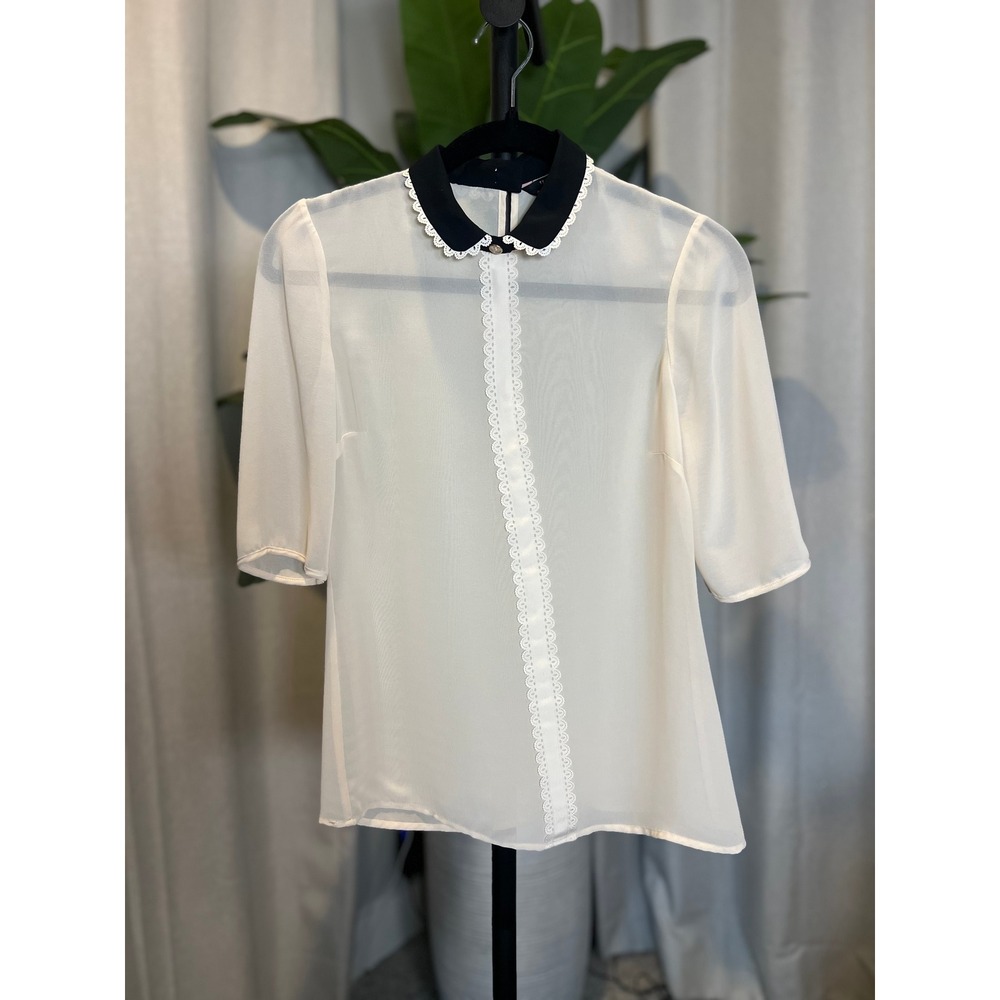 Ted Baker London Sheer Lace Trim Peter Pan Collar Blouse Off White Black Top